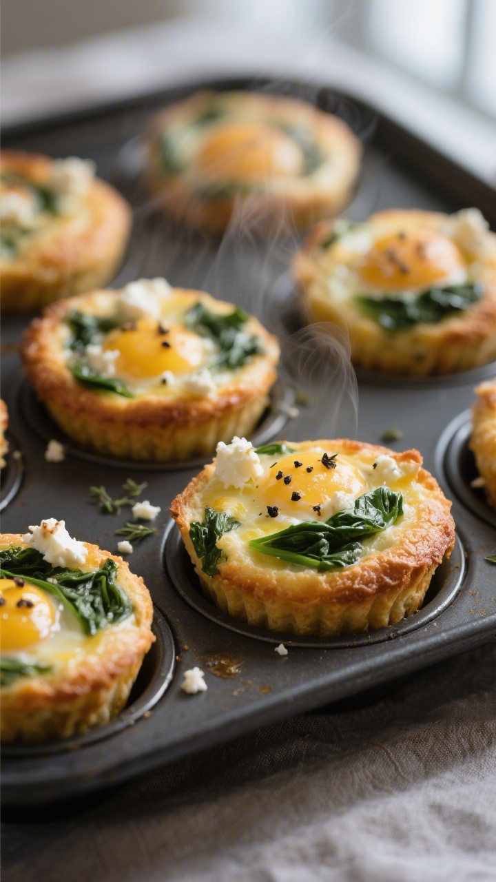 Close-up detail: Freshly baked mini egg muffins with spinach and feta just out of the muffin tin, go