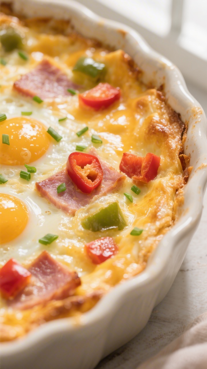 Close-up detail: Golden-edged ham, cheese & pepper egg bake just out of the oven, surface puffed and