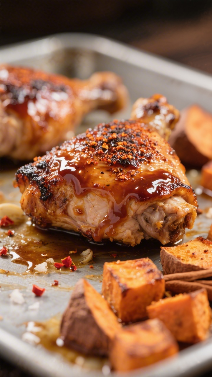 Close-up detail: Juicy BBQ chicken thigh just out of the oven, lacquered with a glossy, caramelized