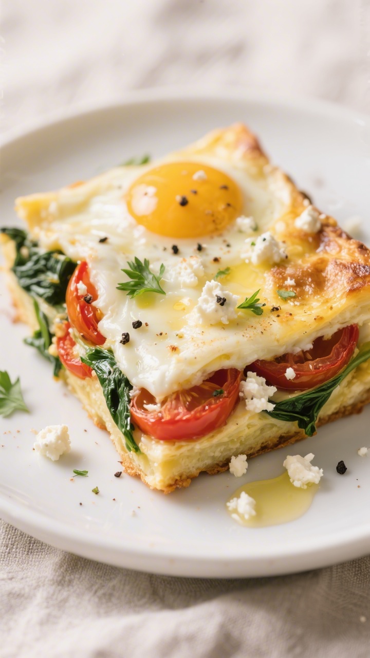 Close-up detail of a sliced square of sheet pan eggs on a small white plate, showing tender, custard
