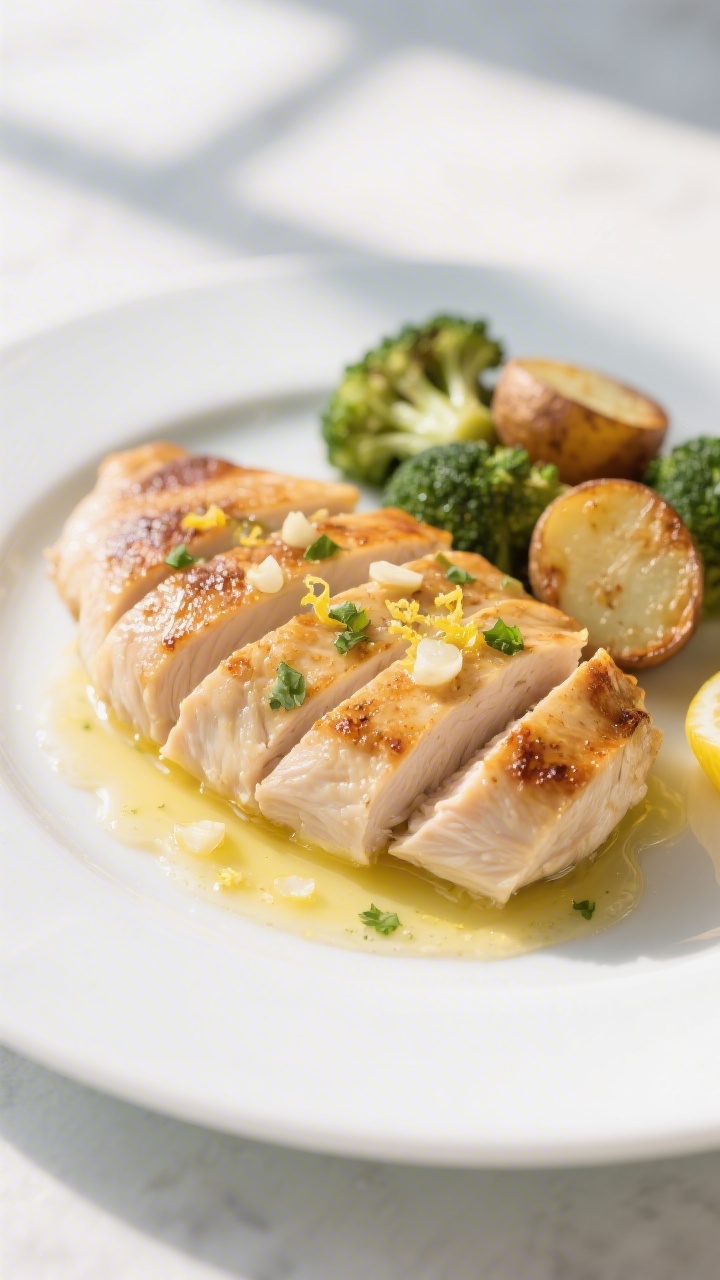 Close-up detail: Sliced garlic butter chicken breast, perfectly seared with a golden crust and glist
