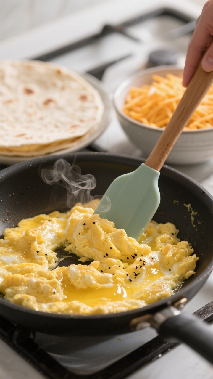 Close-up detail: Soft-scrambled eggs just set and glossy being folded gently in a nonstick skillet w
