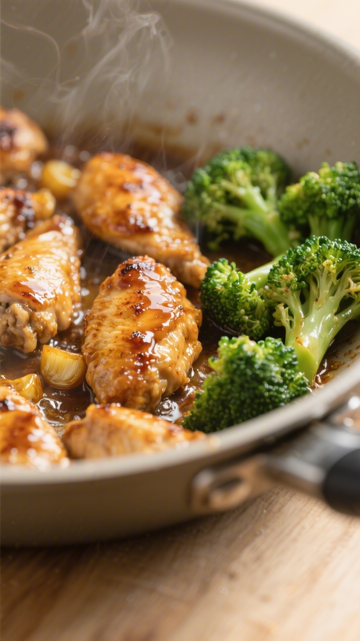 Cooking process, close-up action: Searing bite-sized honey-garlic chicken in a large skillet, golden