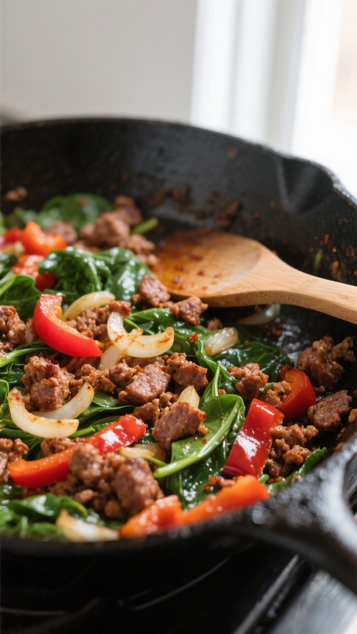 Cooking process, close-up detail: Close-up of browned breakfast sausage crumbles and sautéed onions