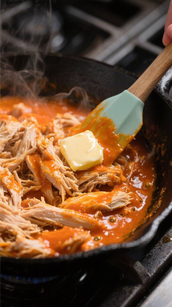 Cooking process close-up: Juicy shredded chicken simmering in bright orange buffalo sauce with a glo