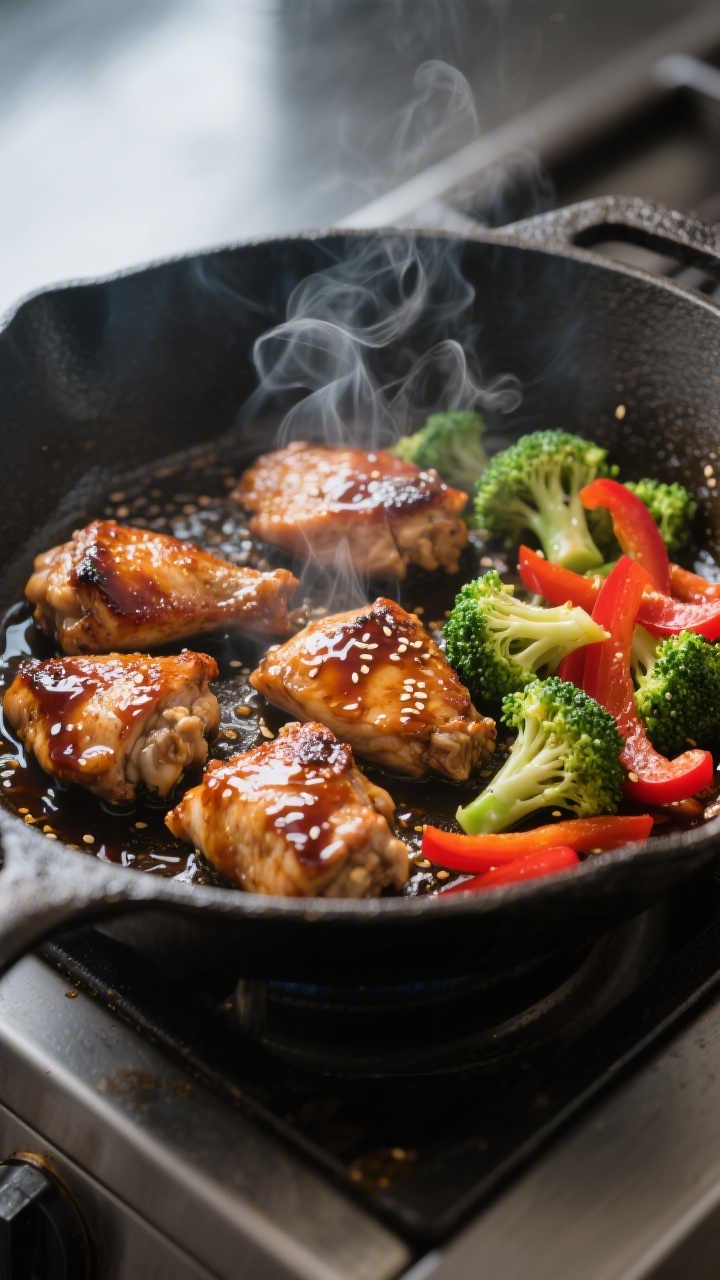 Cooking process, close-up: Sizzling teriyaki chicken thigh pieces in a large skillet during the sear