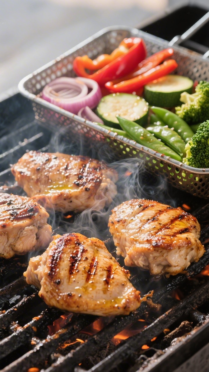 Cooking process, grill action: Juicy marinated chicken thighs sizzling on a hot grill, clear grill m