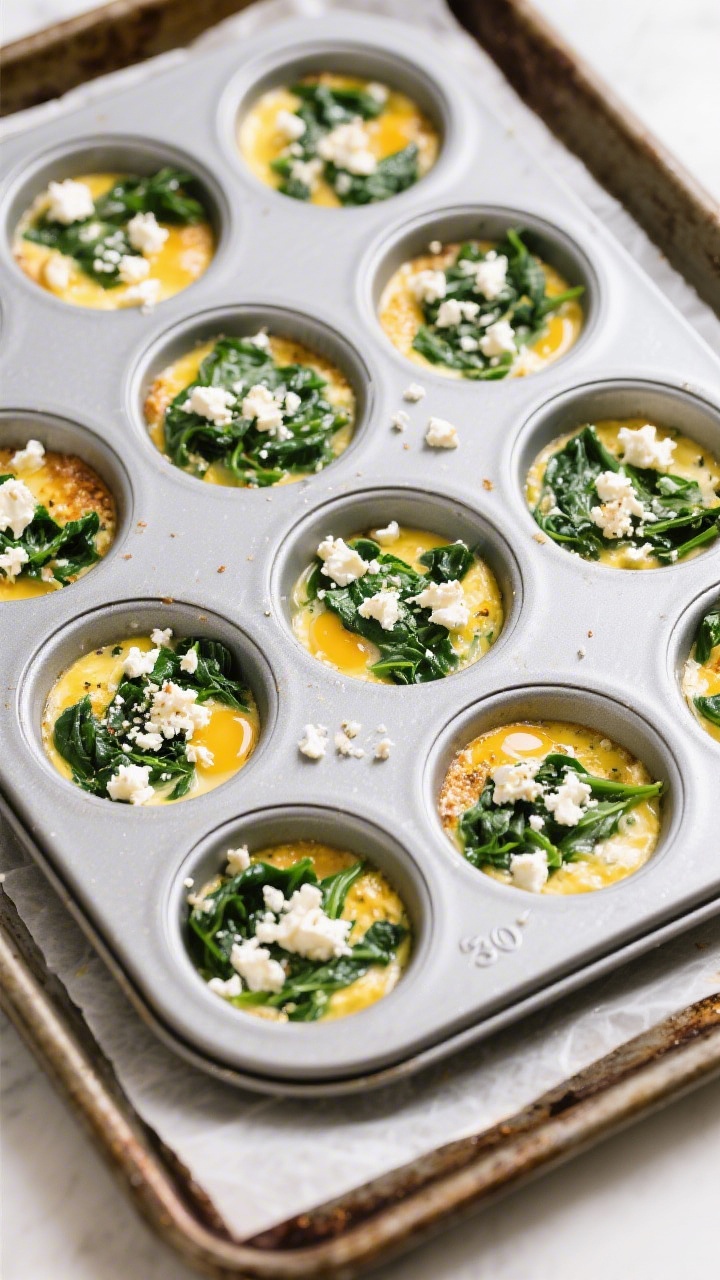 Cooking process: Overhead shot of a 12-cup nonstick muffin tin filled 3/4 full with the seasoned egg