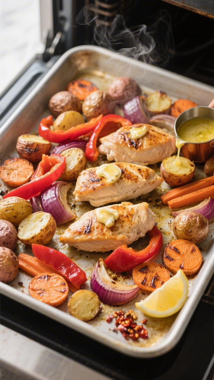 Cooking process: Overhead shot of a hot sheet pan just out of the 425°F oven showing roasted veggie