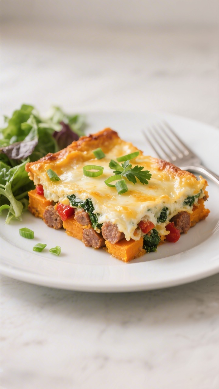 Final dish, plated presentation: Beautifully plated slice of Sausage & Sweet Potato Egg Casserole on