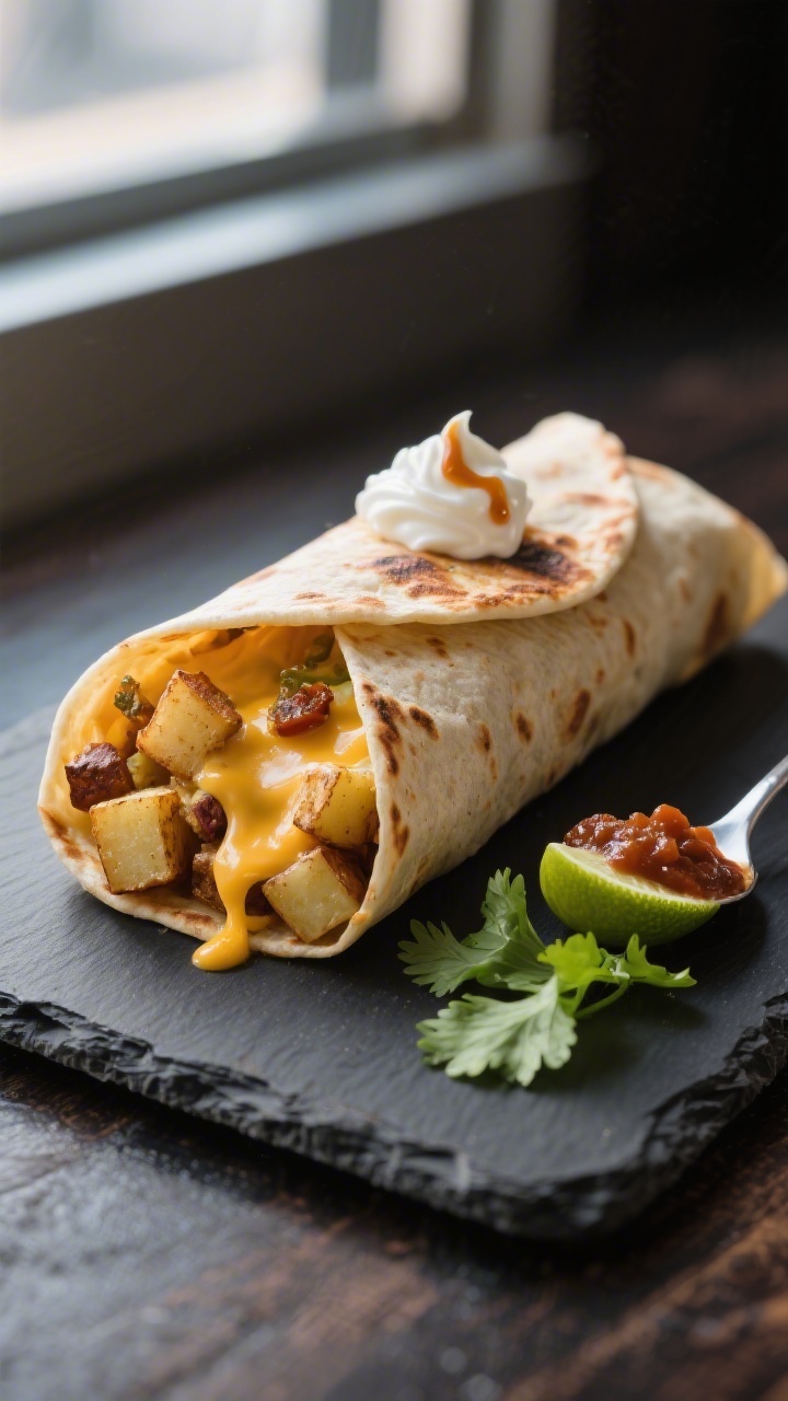 Final dish presentation: A tightly rolled, pan-toasted breakfast burrito on a dark slate board, tort