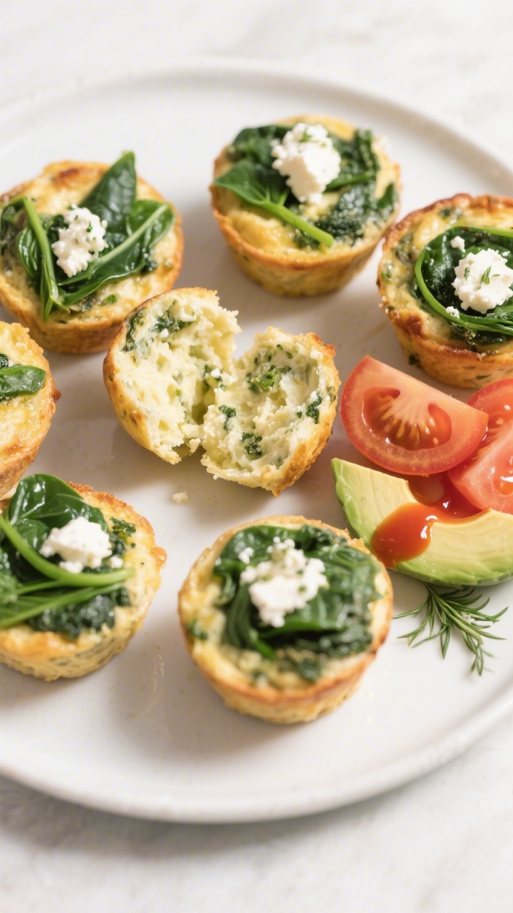 Final dish presentation: Beautifully plated mini egg muffins with spinach and feta on a matte white 