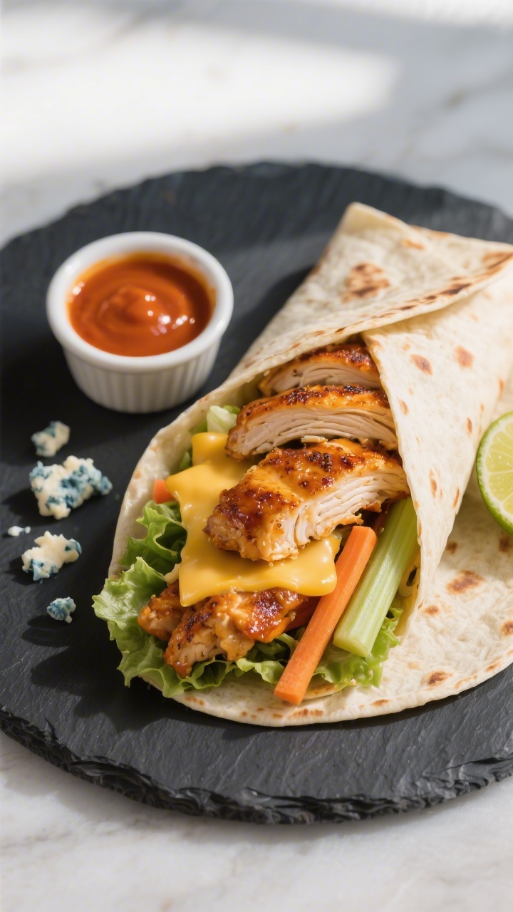 Final dish presentation: Golden-seared Buffalo Chicken Wrap sliced on the bias to reveal layers—gl