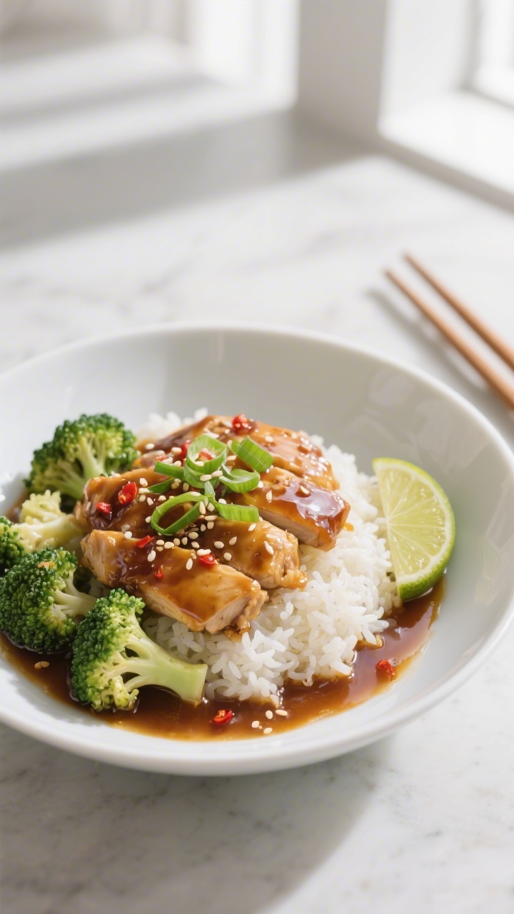 Final plated dish, : Honey Garlic Chicken With Broccoli spooned over fluffy jasmine rice in a wide,