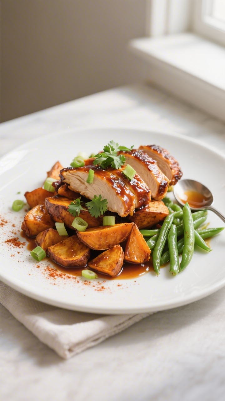 Final plated dish: Restaurant-quality presentation of BBQ Chicken with Sweet Potatoes on a matte whi