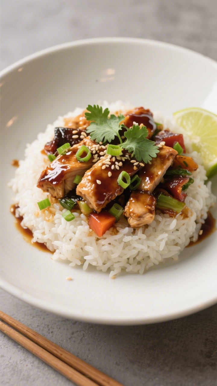 Final plated dish, restaurant-quality presentation: Beautifully plated Teriyaki Chicken Bowl in a wi