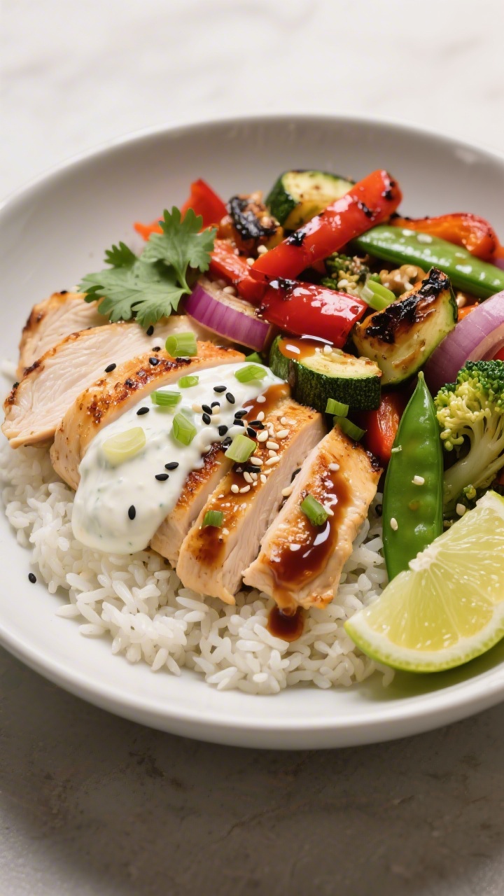 Final plated hero dish: Beautifully plated Grilled Chicken & Veggie Rice Bowl in a wide, matte-white