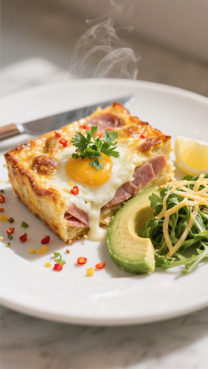 Final plated presentation: Restaurant-quality square slice of ham, cheese & pepper egg bake served w
