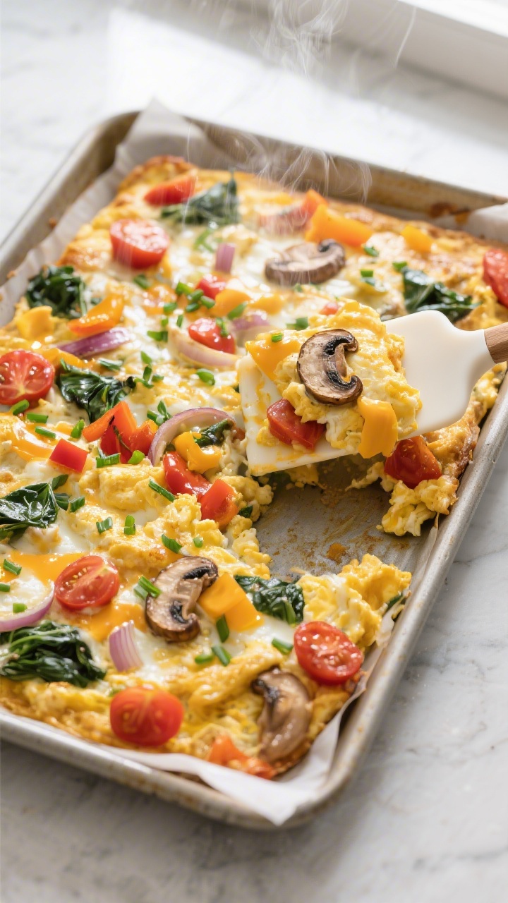 Overhead shot of a just-baked sheet pan scrambled eggs with veggies, still in the rimmed 18x13 pan o