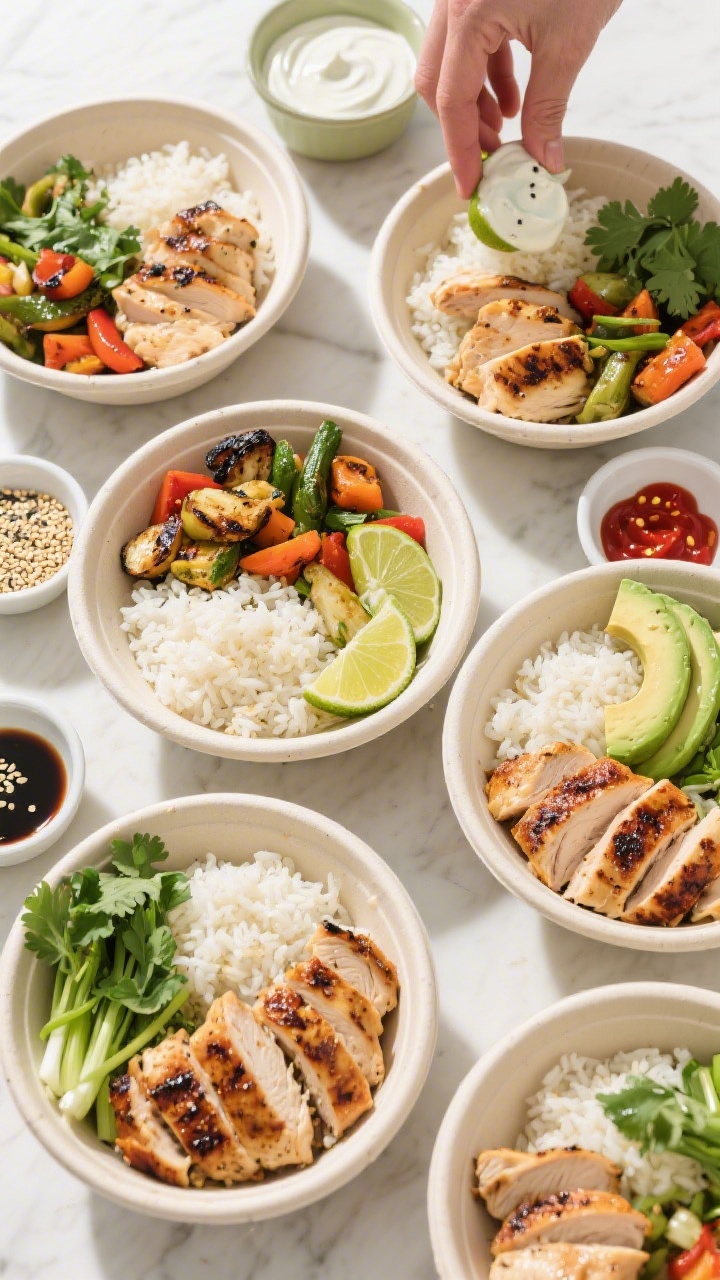 Tasty top view, assembly moment: Overhead shot of a build-your-own Grilled Chicken & Veggie Rice Bow