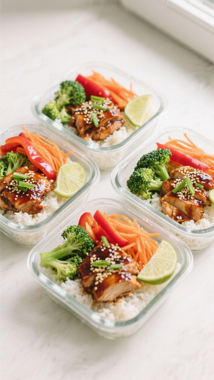 Tasty top view, meal prep assembly: Overhead shot of 4 neatly portioned teriyaki chicken meal prep b