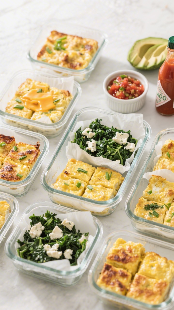 Tasty top view of a meal-prep spread: several neatly cut squares of sheet pan scrambled eggs arrange