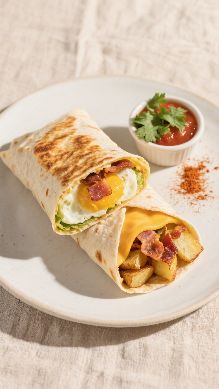Tasty top view: Overhead shot of a classic breakfast burrito sliced in half, seam-side toasted golde