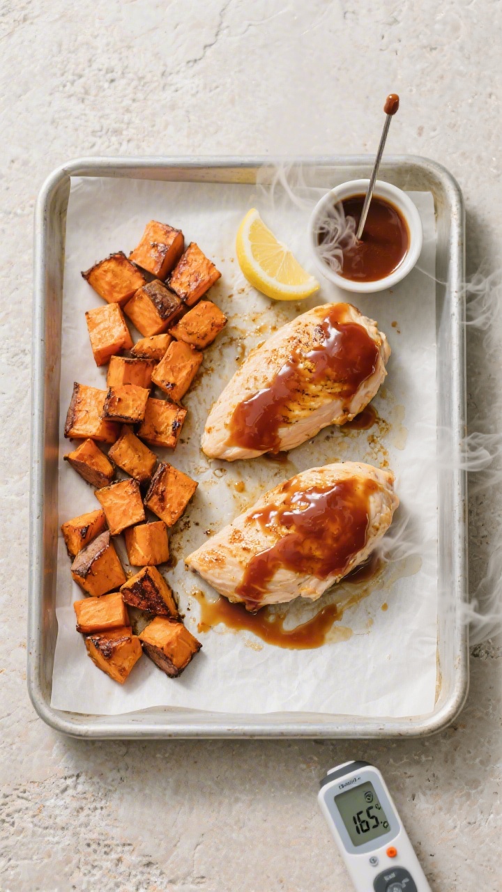 Tasty top view: Overhead shot of a sheet pan halfway through cooking—sweet potato cubes roasted to
