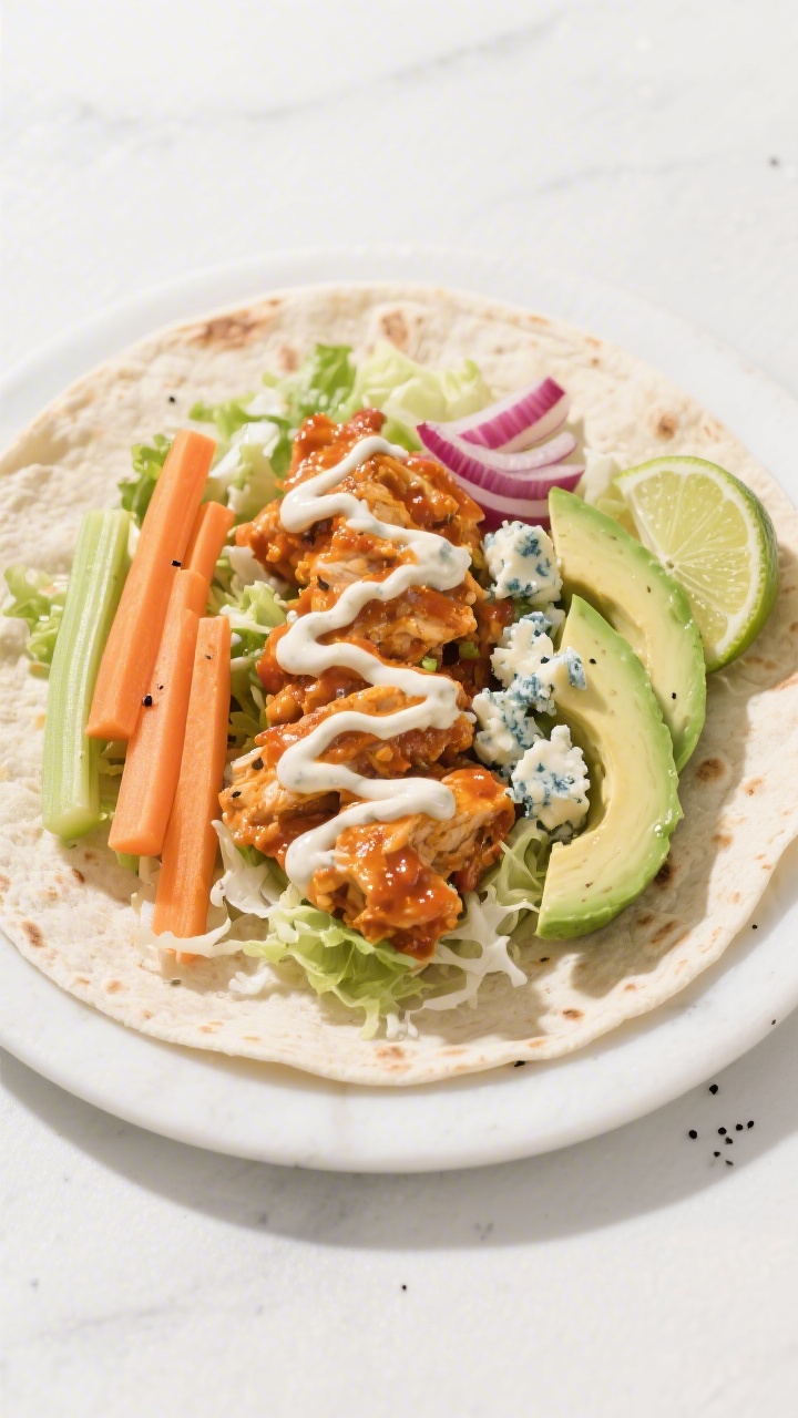 Tasty top view: Overhead shot of an open-faced Buffalo Chicken Wrap on a warm flour tortilla—bed o