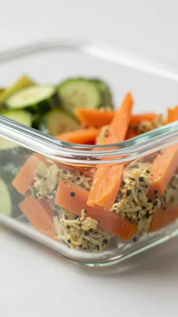 Closeup of a single glass meal-prep container with colorful prepped portions