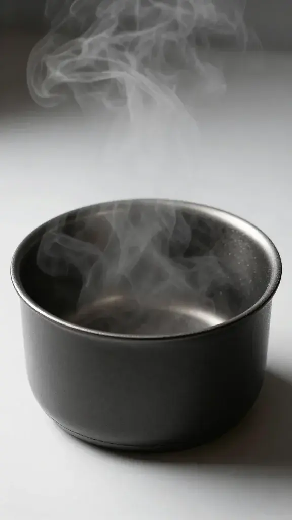 Closeup of a single half-full batch-cooking pot with steam, minimal background