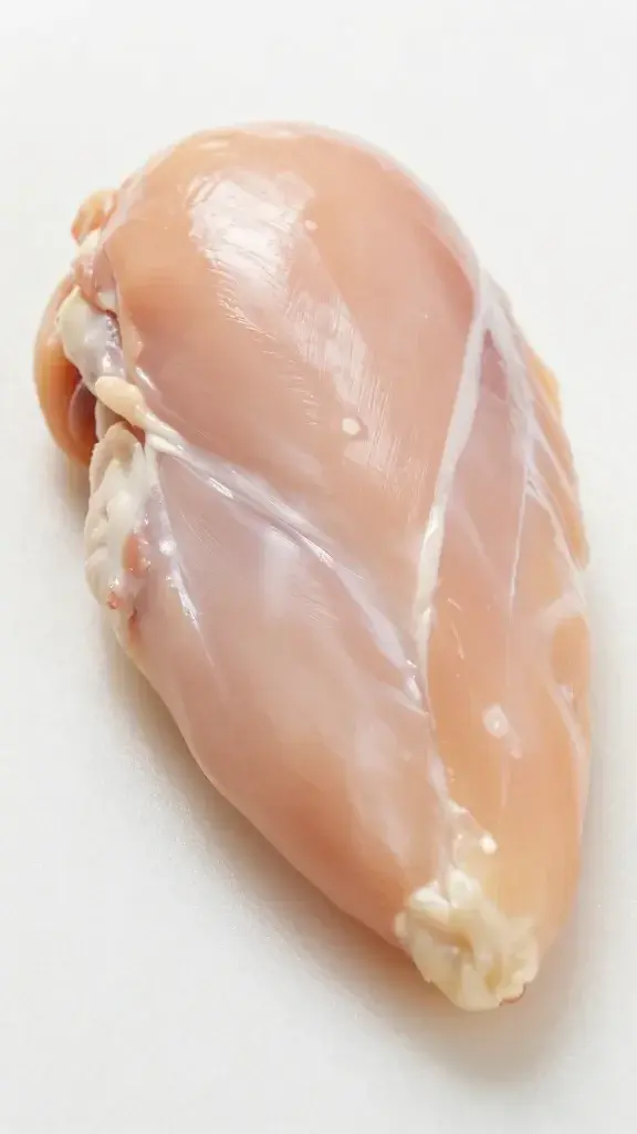 closeup of a single neatly labeled chicken breast on a cutting board