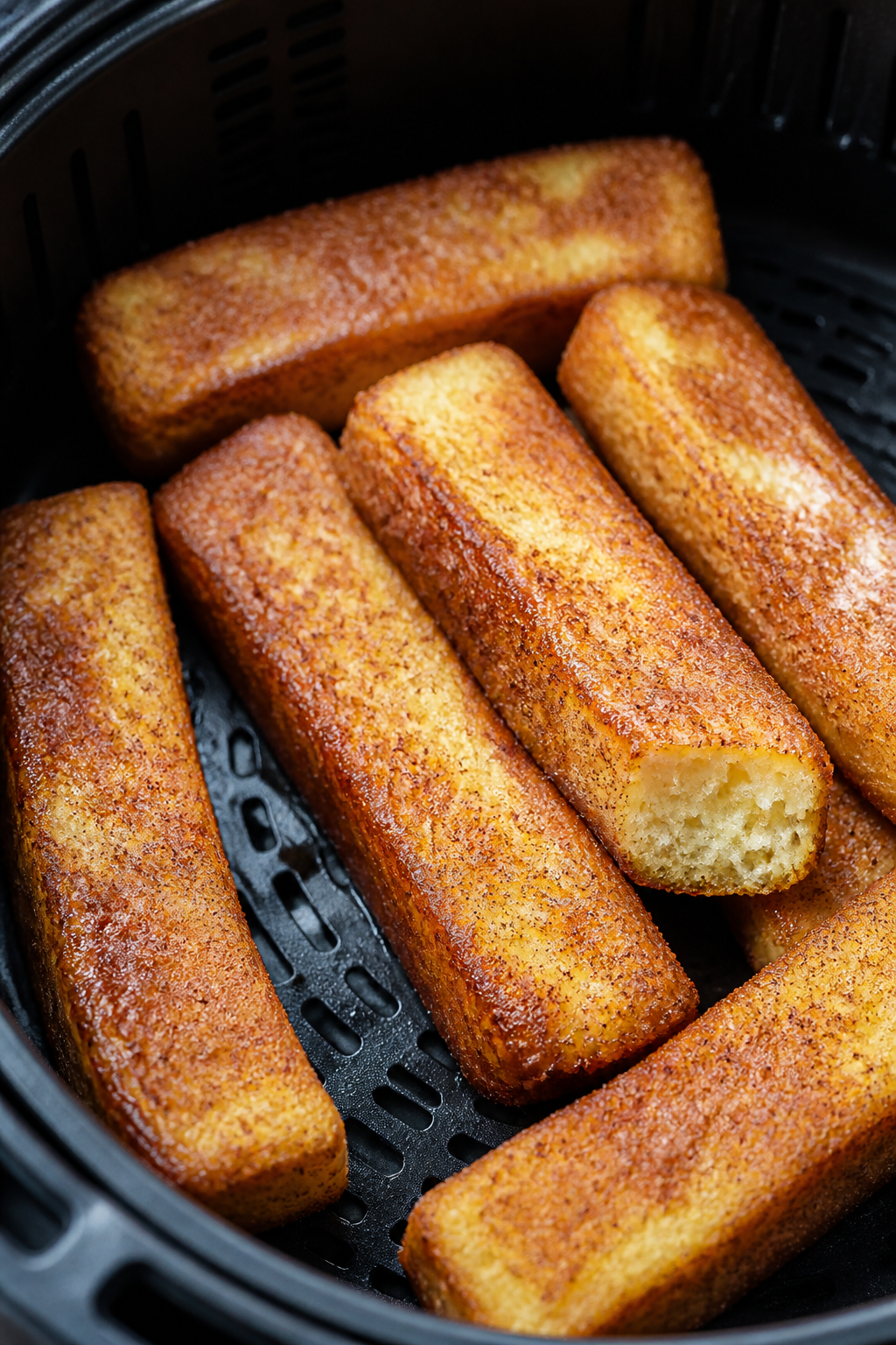 Close-up detail: Air fryer French toast sticks just finished cooking in the basket at 375°F—golde