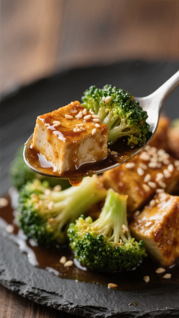 Close-up detail, texture focus: Extreme close-up of a spoonful of tofu and broccoli coated in thicke