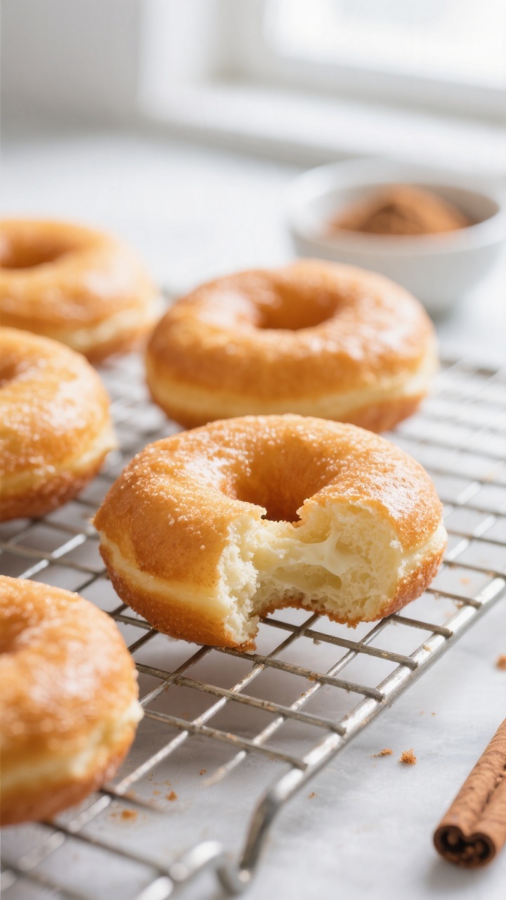 Close-up detail: Warm Greek Yogurt Donuts just out of the oven resting on a wire rack, golden and ge