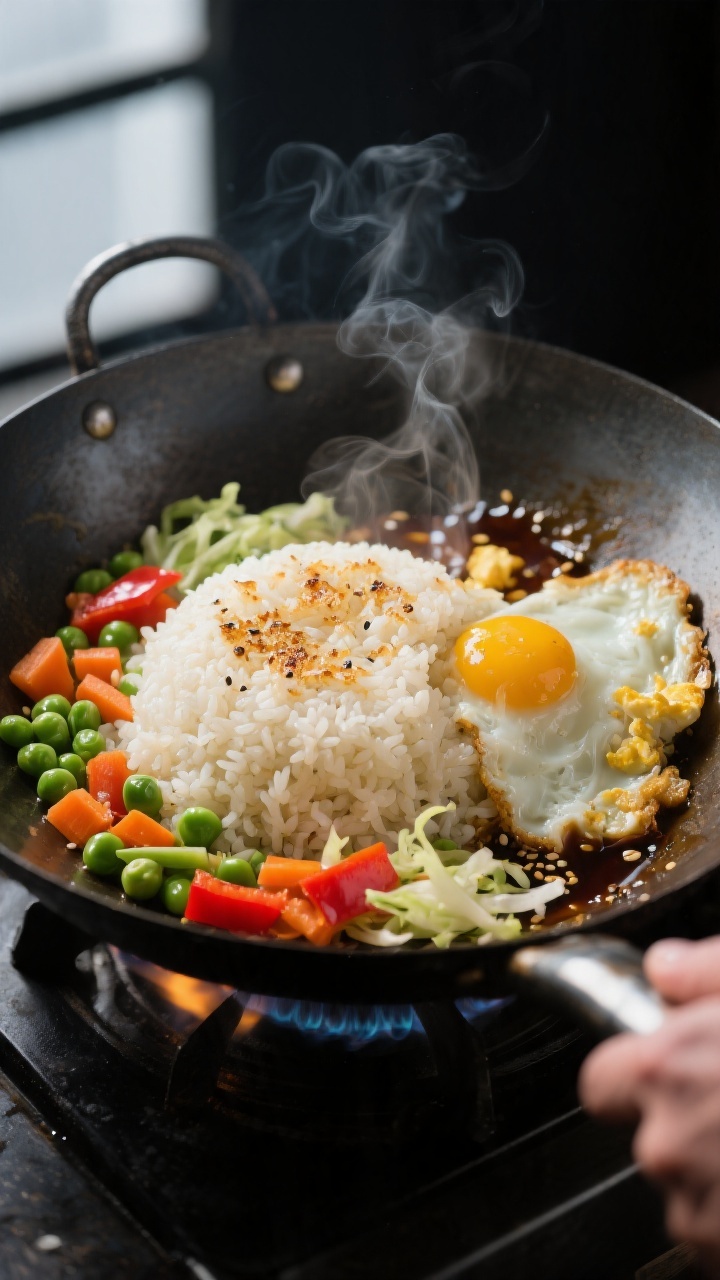 Cooking process, close-up: Day-old jasmine fried rice searing in a carbon-steel wok over medium-high