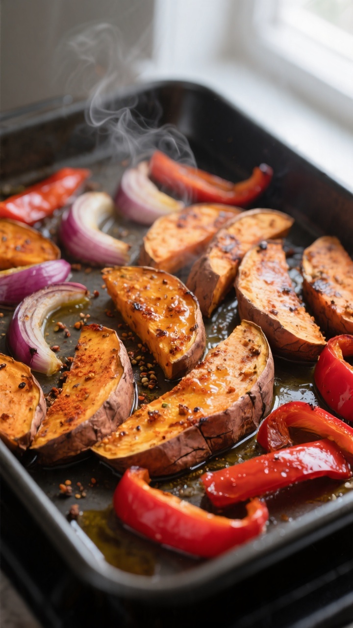 Cooking process, close-up detail: Roasted sweet potatoes and red bell pepper strips on a dark sheet 