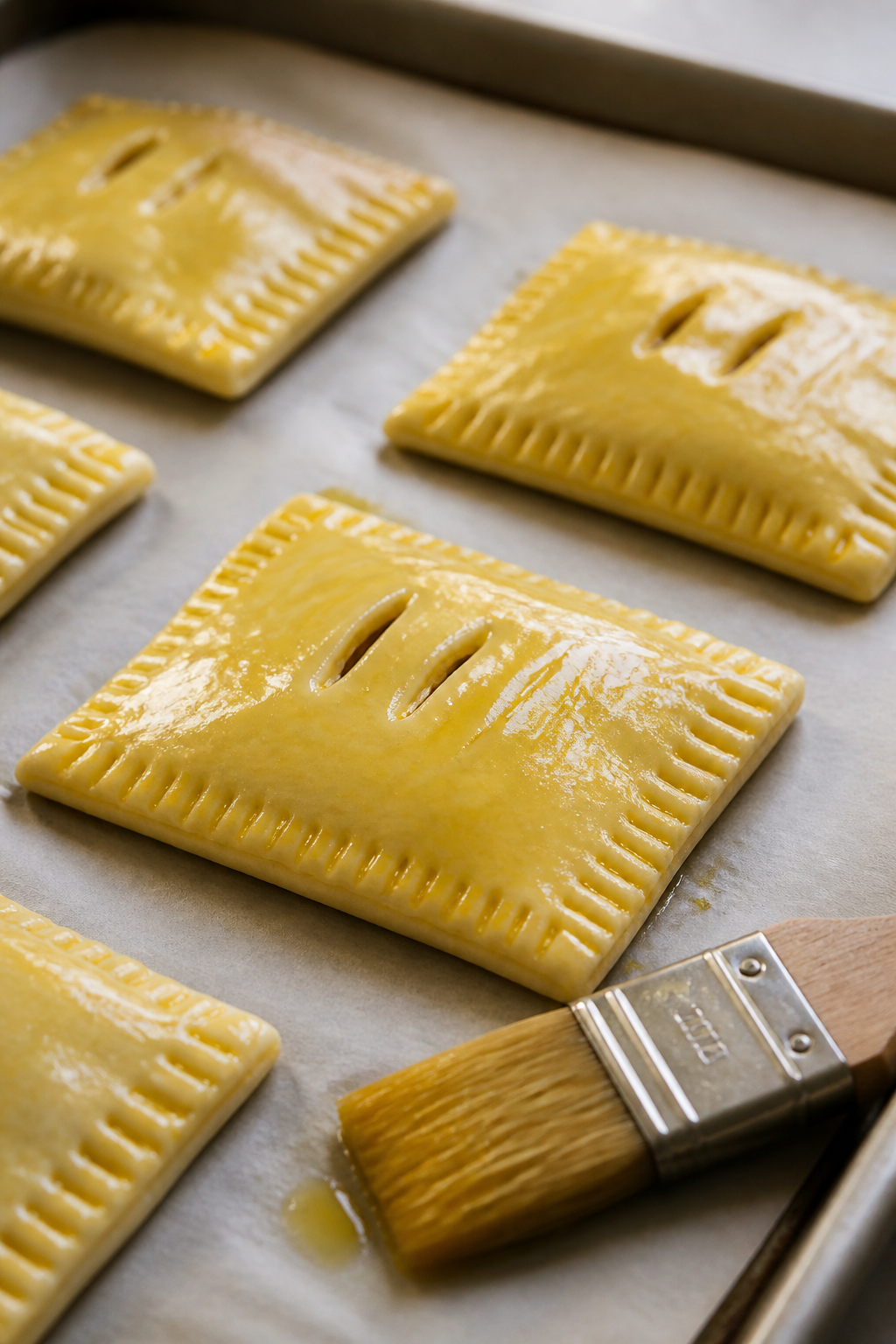 Cooking process close-up: Unbaked pop tarts on a parchment-lined baking sheet just after sealing—g