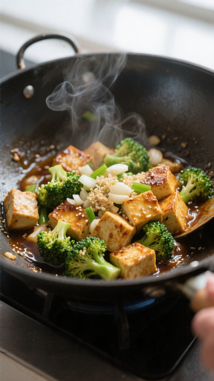 Cooking process, wok sear: Golden, crispy-edged tofu cubes and tender-crisp broccoli florets sizzlin