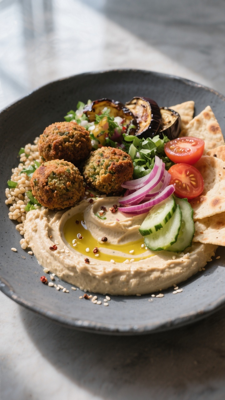 Final dish hero: Beautifully plated Mediterranean mezze-style falafel bowl variation—falafel over