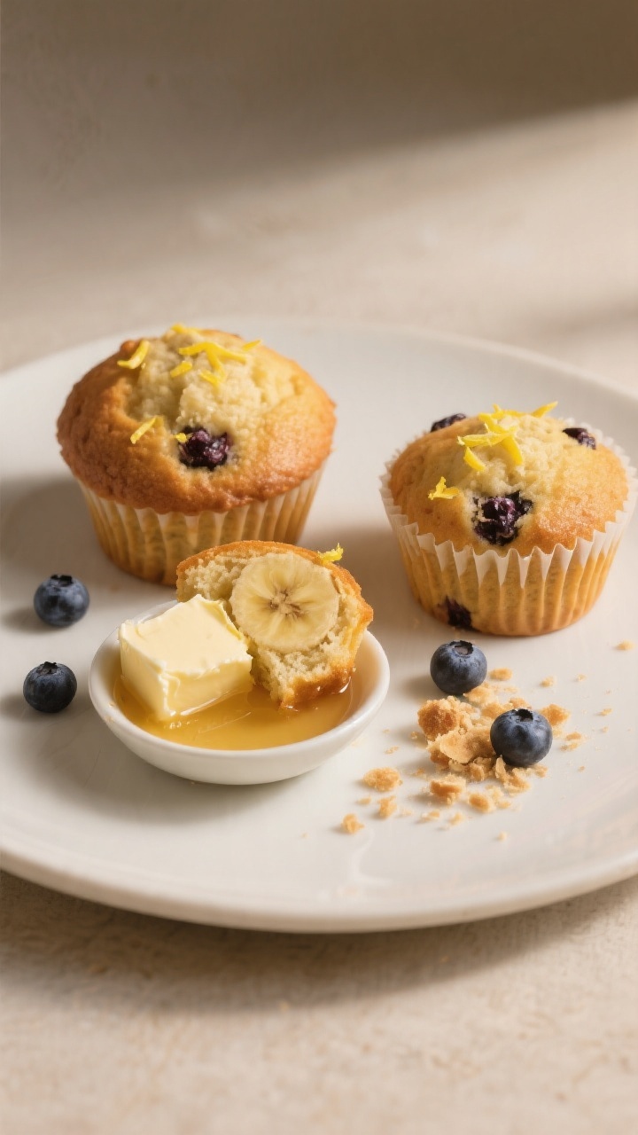 Final dish presentation: Restaurant-quality plated scene with two banana blueberry muffins on a matt