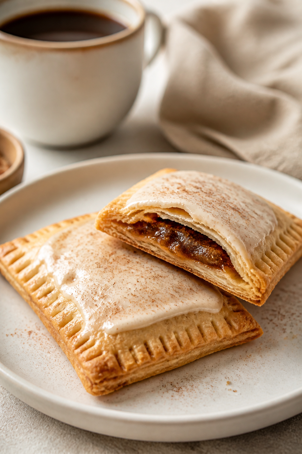 Final plated beauty: Brown Sugar Cinnamon pop tart plated on a matte white dessert plate—thick van