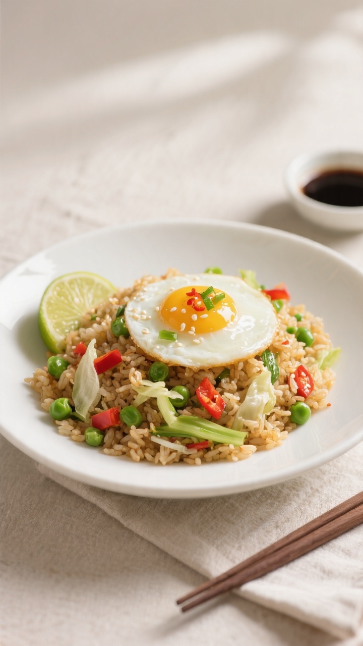 Final plated dish, restaurant-style: Veggie Fried Rice with Egg mounded in a wide, low white bowl, g