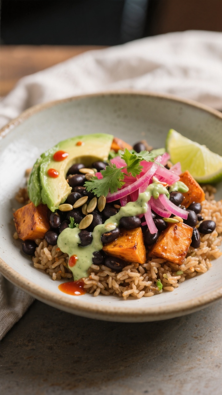 Final plated hero dish: Beautifully plated Sweet Potato & Black Bean Bowl in a wide, shallow ceramic