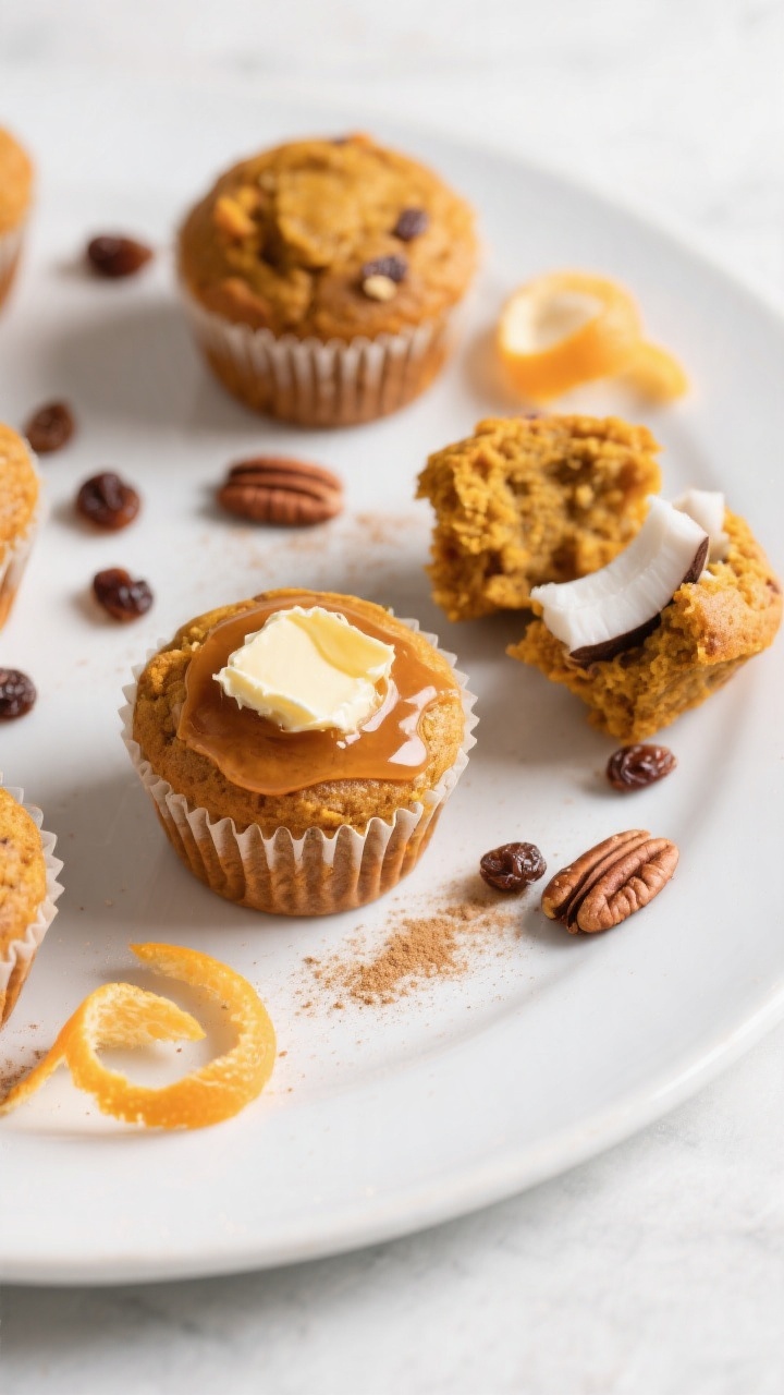 Final presentation: Beautifully plated Pumpkin Carrot Muffins arranged on a matte white platter, a f