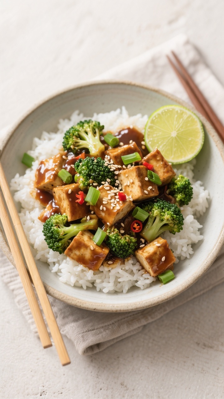 Tasty top view, final dish over rice: Overhead shot of tofu stir fry with broccoli served on a wide,