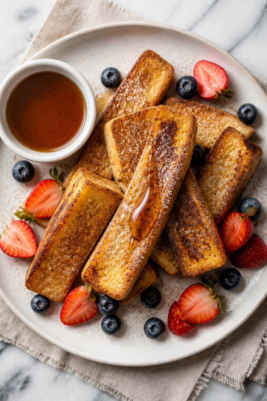 Tasty top view: Overhead shot of a warm stack of French toast sticks on a matte white plate, dusted