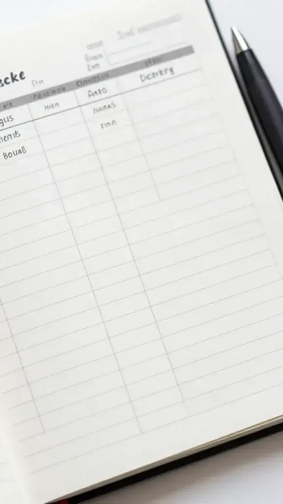 closeup of a weekly budget planner with meals list and pen