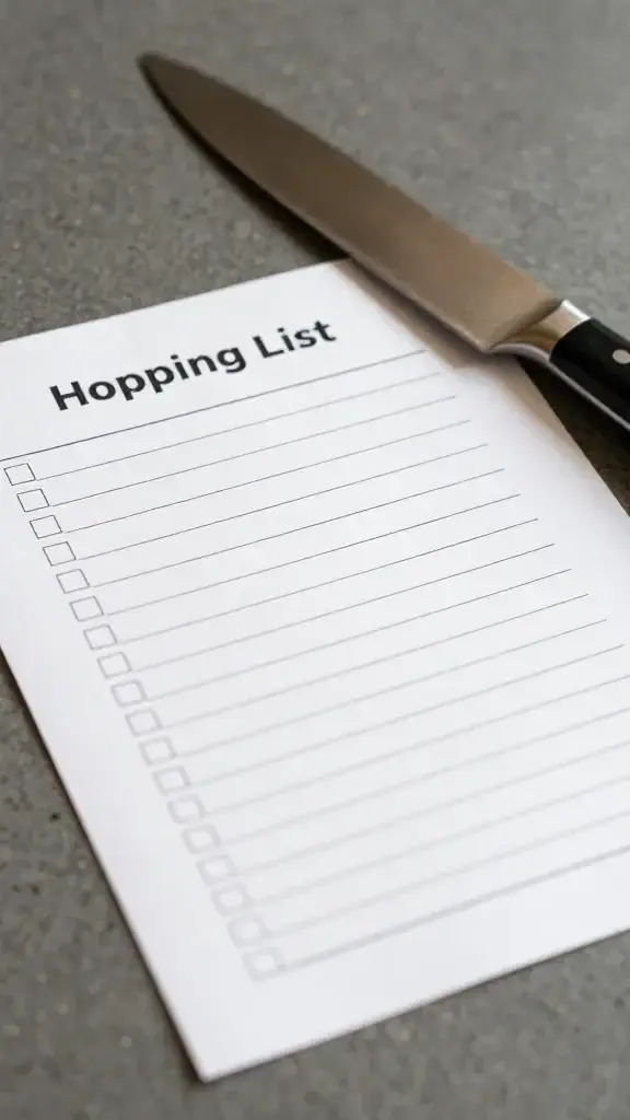 closeup of a single chefâs knife and reusable shopping list on counter