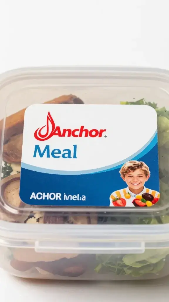 closeup of a single meal-prep container labeled with anchor meal name